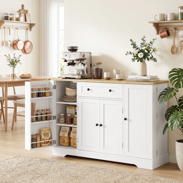 HOMCOM Credenza da Cucina con 4 Ante, Cassetto, Ripiani Regolabili e Ripiani sulle Ante, per Cucina e Sala da Pranzo, 138x40x85 cm, Bianco | Aosom Italy