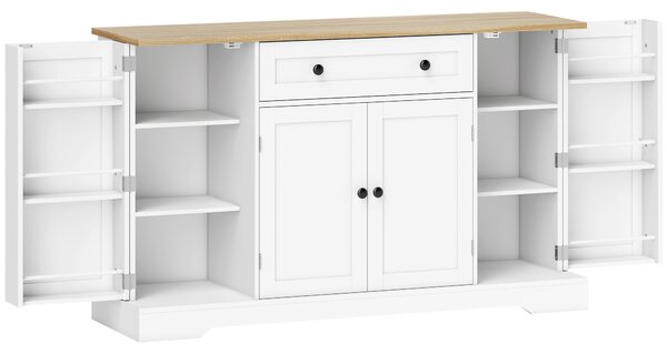 HOMCOM Credenza da Cucina con 4 Ante, Cassetto, Ripiani Regolabili e Ripiani sulle Ante, per Cucina e Sala da Pranzo, 138x40x85 cm, Bianco | Aosom Italy