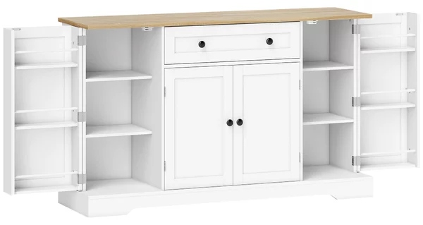 HOMCOM Credenza da Cucina con 4 Ante, Cassetto, Ripiani Regolabili e Ripiani sulle Ante, per Cucina e Sala da Pranzo, 138x40x85 cm, Bianco | Aosom Italy