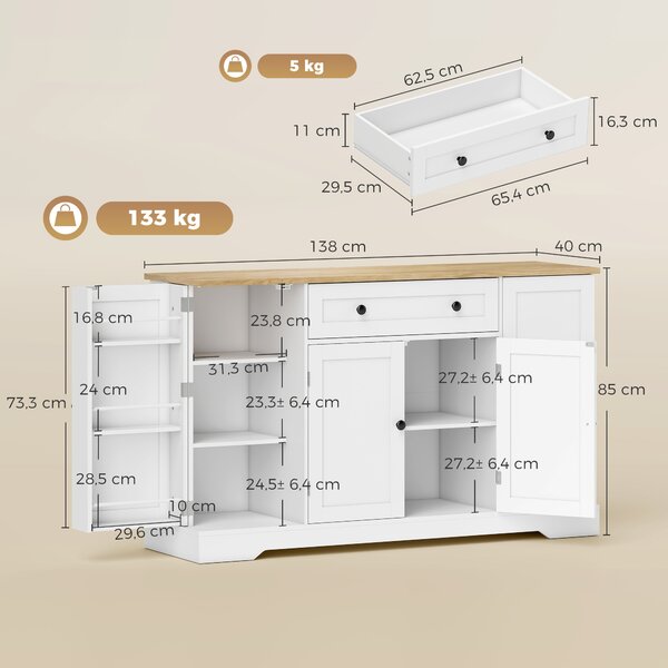 HOMCOM Credenza da Cucina con 4 Ante, Cassetto, Ripiani Regolabili e Ripiani sulle Ante, per Cucina e Sala da Pranzo, 138x40x85 cm, Bianco | Aosom Italy