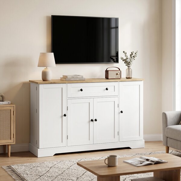 HOMCOM Credenza da Cucina con 4 Ante, Cassetto, Ripiani Regolabili e Ripiani sulle Ante, per Cucina e Sala da Pranzo, 138x40x85 cm, Bianco | Aosom Italy