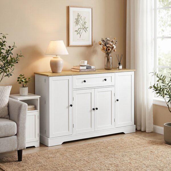 HOMCOM Credenza da Cucina con 4 Ante, Cassetto, Ripiani Regolabili e Ripiani sulle Ante, per Cucina e Sala da Pranzo, 138x40x85 cm, Bianco | Aosom Italy