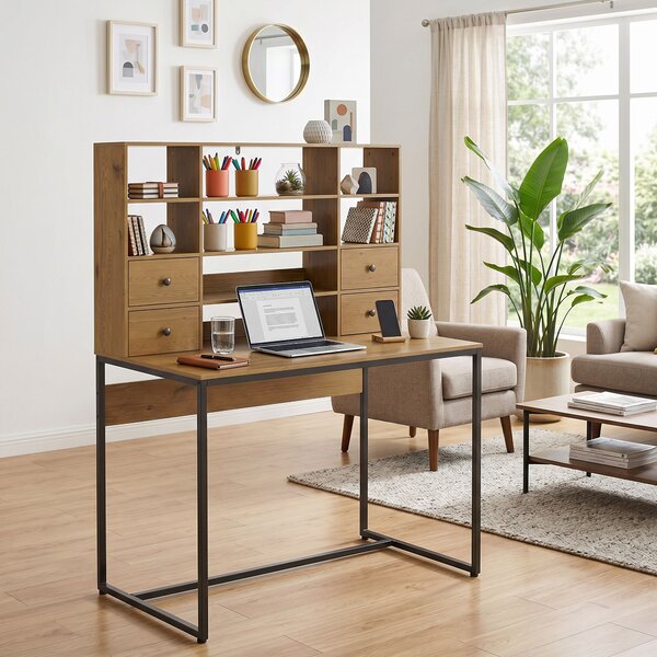 HOMCOM Scrivania per Computer con 4 Cassetti, Scrivania con Contenitore e Scaffali Aperti, 105x60 cm, Legno Naturale | Aosom Italy