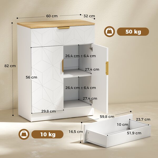 HOMCOM Credenza Moderna, Mobile Contenitore con Cassetto e Ripiano Regolabile, 60x32x82 cm, Bianco | Aosom Italy