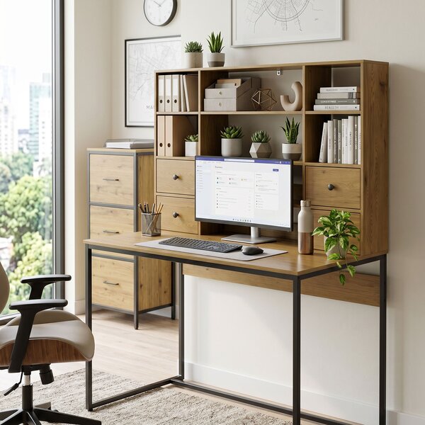 HOMCOM Scrivania per Computer con 4 Cassetti, Scrivania con Contenitore e Scaffali Aperti, 105x60 cm, Legno Naturale | Aosom Italy