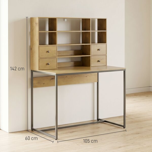 HOMCOM Scrivania per Computer con 4 Cassetti, Scrivania con Contenitore e Scaffali Aperti, 105x60 cm, Legno Naturale | Aosom Italy