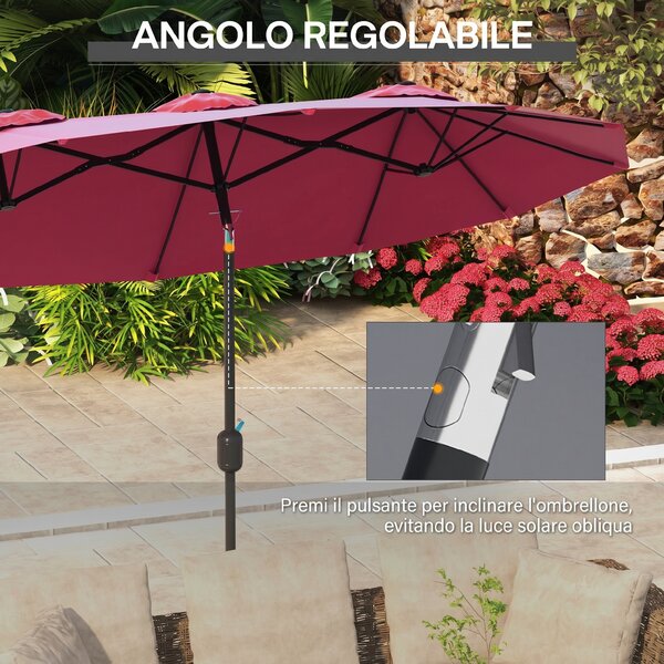 Outsunny Ombrellone da Giardino Doppio Inclinabile con Apertura a Manovella, Copertura con Prese d'Aria e 12 Stecche, 285x147x227cm, Rosso|Aosom
