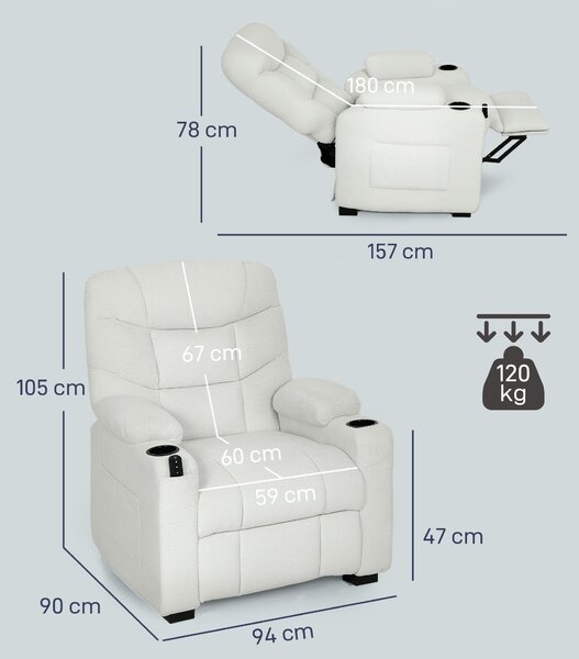 HOMCOM Poltrona Relax Elettrica Reclinabile 150° con Poggiapiedi, Funzione Memory, Telecomando, in Velluto, Crema | Aosom Italy