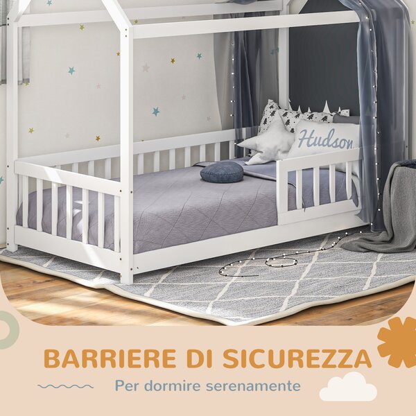 HOMCOM Letto per Bambini Casetta in Legno di Pino con Doghe e Recinzione Sicura per Stanza dei Bambini 96x195x165 cm Colore Bianco|Aosom