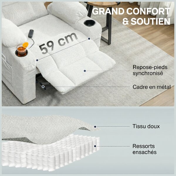 HOMCOM Poltrona Relax Elettrica Reclinabile 150° con Poggiapiedi, Funzione Memory, Telecomando, in Velluto, Crema | Aosom Italy
