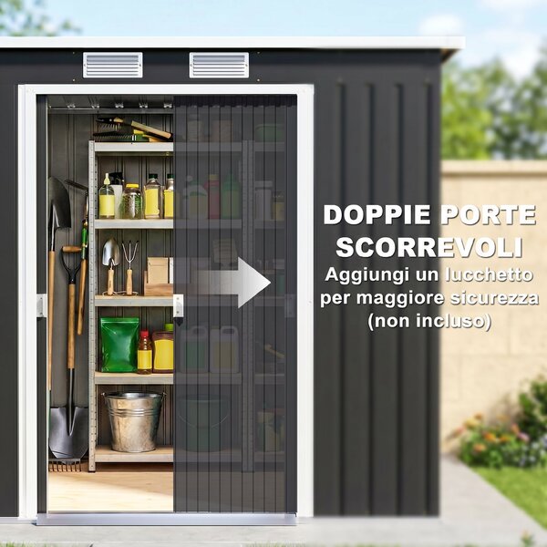 Outsunny Capanno Attrezzi con Tetto Inclinato, 2 Ingressi e Prese d'Aria, in Acciaio, 213x130x172 cm, Grigio Scuro | Aosom Italy