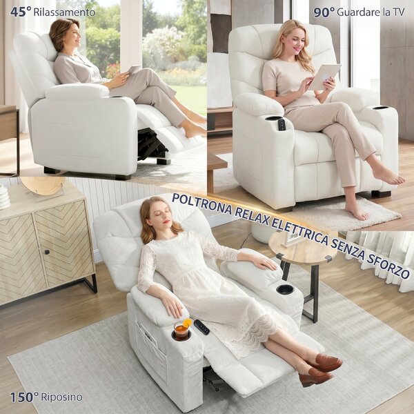 HOMCOM Poltrona Relax Elettrica Reclinabile 150° con Poggiapiedi, Funzione Memory, Telecomando, in Velluto, Crema | Aosom Italy