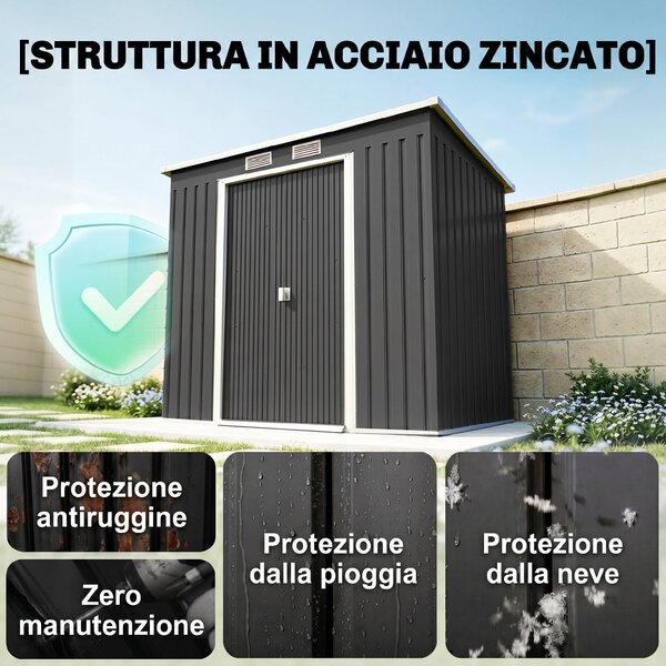 Outsunny Capanno Attrezzi con Tetto Inclinato, 2 Ingressi e Prese d'Aria, in Acciaio, 213x130x172 cm, Grigio Scuro | Aosom Italy
