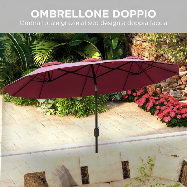Outsunny Ombrellone da Giardino Doppio Inclinabile con Apertura a Manovella, Copertura con Prese d'Aria e 12 Stecche, 285x147x227cm, Rosso|Aosom