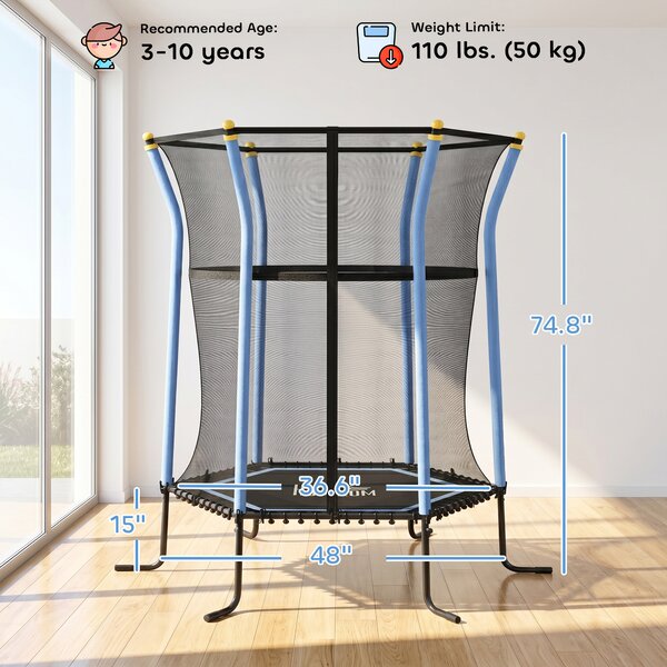 HOMCOM Tappeto Elastico per Bambini con Ingresso a Cerniera e Pali Imbottiti, in Acciaio, PP e EPE, Ø163.5x190 cm, Azzurro
