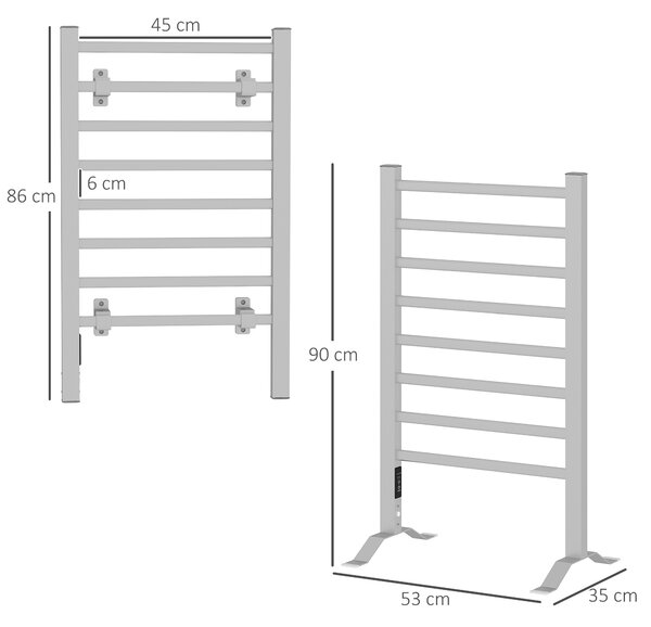 HOMCOM Scaldasalviette Elettrico da Terra o Parete 150W con 8 Barre e Timer 2-4 Ore, 53x35x90 cm, Argento | Aosom Italy