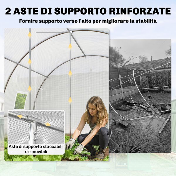Outsunny Serra a Tunnel con 2 Aste Rimovibili e Porte e Finestre a Rete, in Acciaio Zincato e PE, 396x300x200 cm, Bianco | Aosom Italy