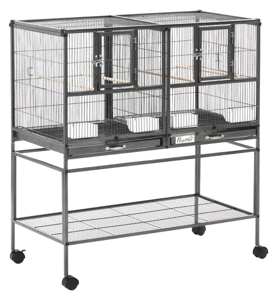 PawHut Gabbia per Uccelli 95x45.5x102cm Doppia con Vassoi Estraibili, Ruote e Ripiano Aperto, in Metallo, Nero Grigio|Aosom