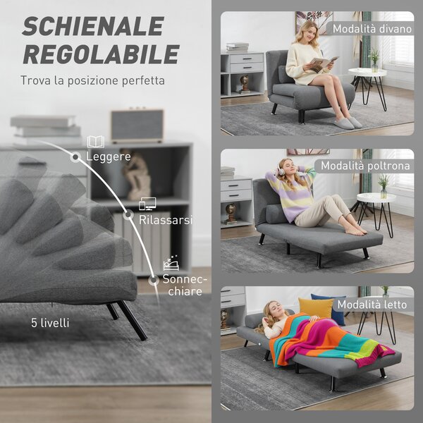 HOMCOM Poltrona Letto con Schienale Regolabile in 5 Posizioni, Tessuto Effetto Lino e Acciaio, 75x70x75 cm, Grigio | Aosom Italy