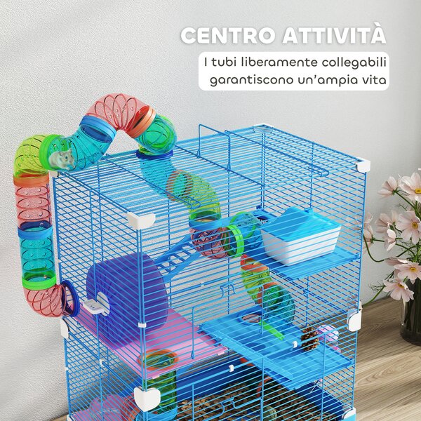 PawHut Gabbia per Criceti a 5 Livelli con Tubi, Ruota, Scale, Casetta e Bottiglia, 46x30x58 cm | Aosom Italy