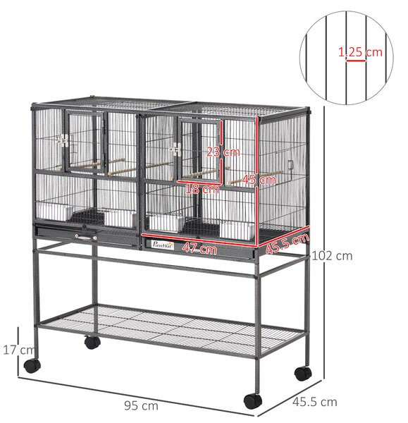 PawHut Gabbia per Uccelli 95x45.5x102cm Doppia con Vassoi Estraibili, Ruote e Ripiano Aperto, in Metallo, Nero Grigio|Aosom