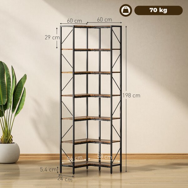 HOMCOM Libreria Angolare Industriale a 7 Livelli, in Legno e Acciaio, 60x60x198 cm, Marrone Rustico | Aosom Italy