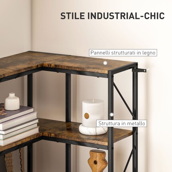 HOMCOM Libreria Angolare Industriale a 7 Livelli, in Legno e Acciaio, 60x60x198 cm, Marrone Rustico | Aosom Italy