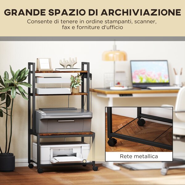 HOMCOM Carrello Porta Stampante a 4 Livelli con Prese di Corrente, Ruote e Telaio in Metallo, 55x37.5x100 cm, Marrone | Aosom Italy