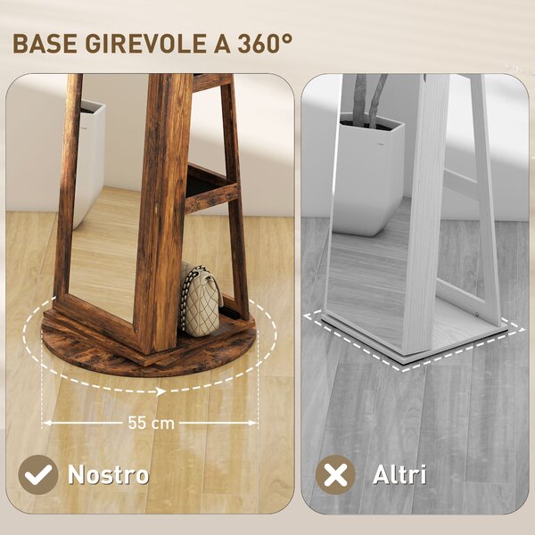 HOMCOM Specchio Portagioie da Terra Girevole a 360° con Ripiani e Chiusura a Chiave, 55x55x161 cm, Marrone Rustico | Aosom Italy