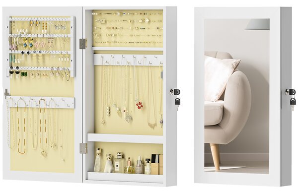 HOMCOM Mobiletto Portagioie a Specchio con Design a Muro e 2 Chiavi di Sicurezza, in Legno, 36.5x9.5x67 cm, Bianco | Aosom Italy