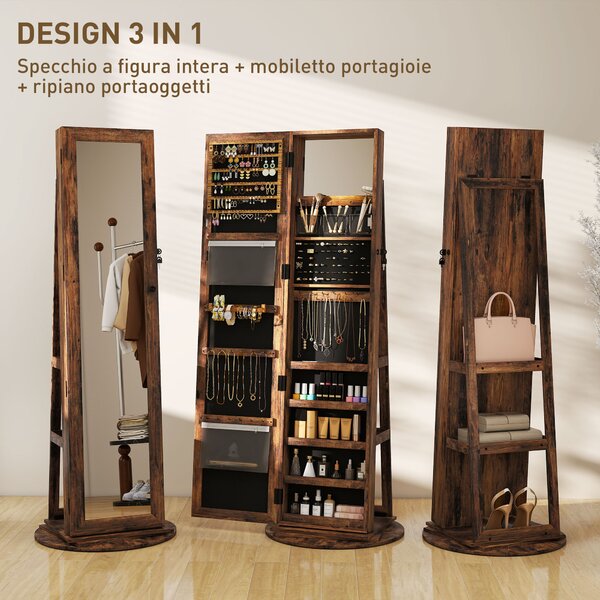 HOMCOM Specchio Portagioie da Terra Girevole a 360° con Ripiani e Chiusura a Chiave, 55x55x161 cm, Marrone Rustico | Aosom Italy