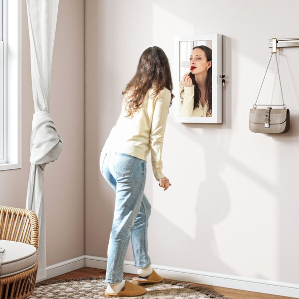 HOMCOM Mobiletto Portagioie a Specchio con Design a Muro e 2 Chiavi di Sicurezza, in Legno, 36.5x9.5x67 cm, Bianco | Aosom Italy