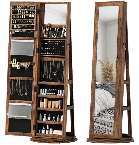 Specchio Portagioie 3 in 1 Girevole a 360° e Autoportante 55x55x161 cm in MDF Marrone Rustico