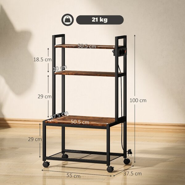 HOMCOM Carrello Porta Stampante a 4 Livelli con Prese di Corrente, Ruote e Telaio in Metallo, 55x37.5x100 cm, Marrone | Aosom Italy