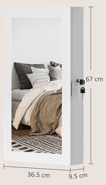 HOMCOM Mobiletto Portagioie a Specchio con Design a Muro e 2 Chiavi di Sicurezza, in Legno, 36.5x9.5x67 cm, Bianco | Aosom Italy