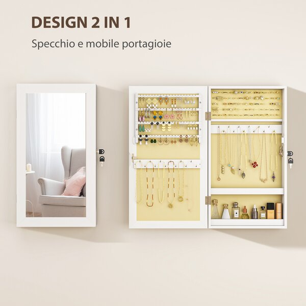HOMCOM Mobiletto Portagioie a Specchio con Design a Muro e 2 Chiavi di Sicurezza, in Legno, 36.5x9.5x67 cm, Bianco | Aosom Italy