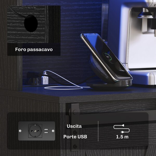 HOMCOM Credenza da Cucina Alta Stile Rustico con 2 Armadietti, Portabottiglie, Prese di Ricarica e Luci LED, Nero | Aosom Italy