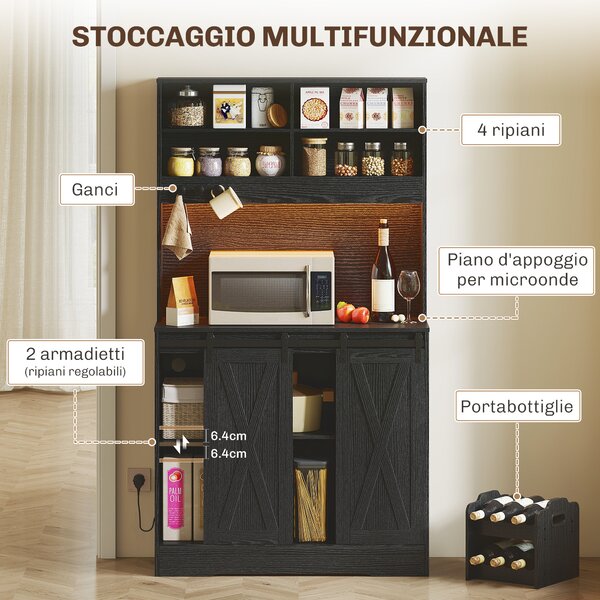 HOMCOM Credenza da Cucina Alta Stile Rustico con 2 Armadietti, Portabottiglie, Prese di Ricarica e Luci LED, Nero | Aosom Italy