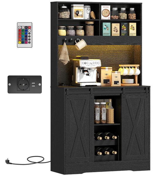 HOMCOM Credenza da Cucina Alta Stile Rustico con 2 Armadietti, Portabottiglie, Prese di Ricarica e Luci LED, Nero | Aosom Italy