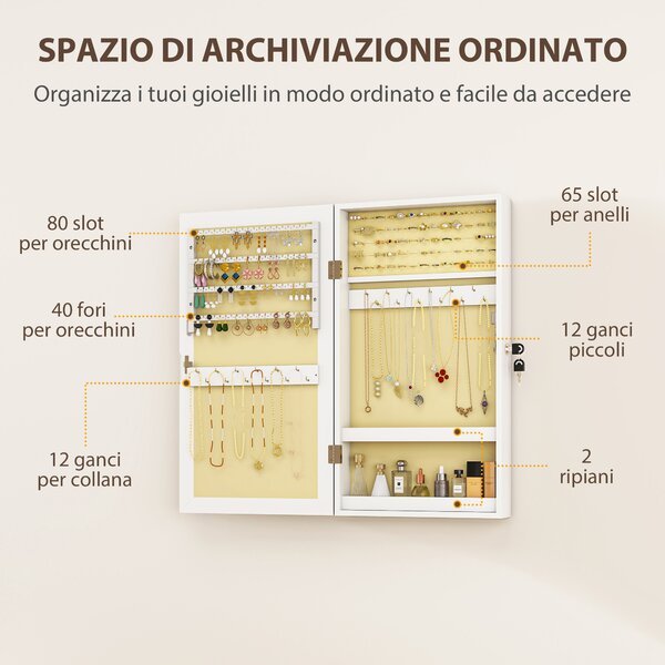 HOMCOM Mobiletto Portagioie a Specchio con Design a Muro e 2 Chiavi di Sicurezza, in Legno, 36.5x9.5x67 cm, Bianco | Aosom Italy