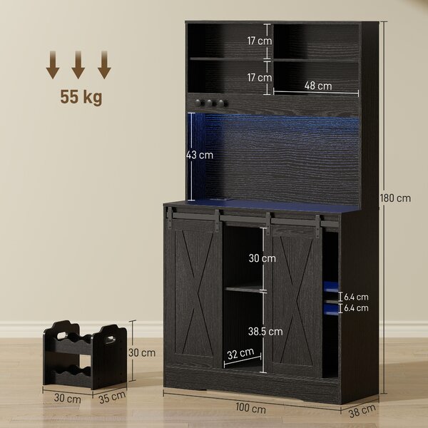 HOMCOM Credenza da Cucina Alta Stile Rustico con 2 Armadietti, Portabottiglie, Prese di Ricarica e Luci LED, Nero | Aosom Italy