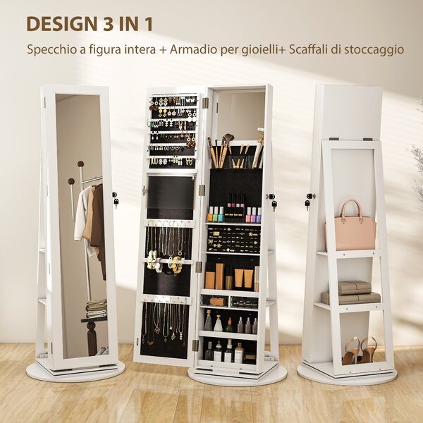 HOMCOM Specchio Portagioie 3 in 1 Girevole a 360°, Ripiani Posteriori e Anta con Chiave, 55x55x161 cm, Bianco | Aosom Italy
