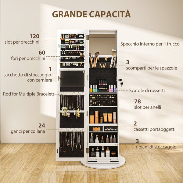 HOMCOM Specchio Portagioie 3 in 1 Girevole a 360°, Ripiani Posteriori e Anta con Chiave, 55x55x161 cm, Bianco | Aosom Italy