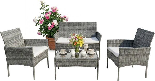 Set di mobili da giardino Relaxdays, set da salotto in rattan da 4 pezzi, per 4 persone, panca, poltrona e tavolo in vetro, mobili da relax, da esterno, grigio