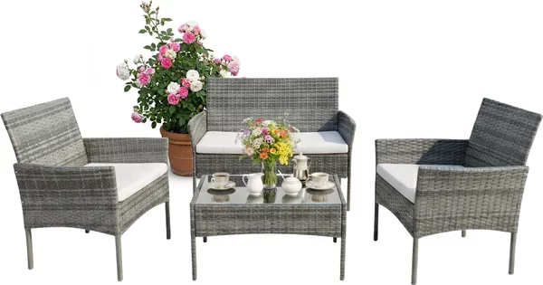 Set di mobili da giardino Relaxdays, set da salotto in rattan da 4 pezzi, per 4 persone, panca, poltrona e tavolo in vetro, mobili da relax, da esterno, grigio