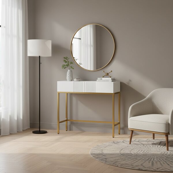DecHome Consolle Ingresso Design Contemporaneo Luxury con 2 Cassetti e Gambe Dorate Dimensioni 80x31.5x75 cm colore Bianco
