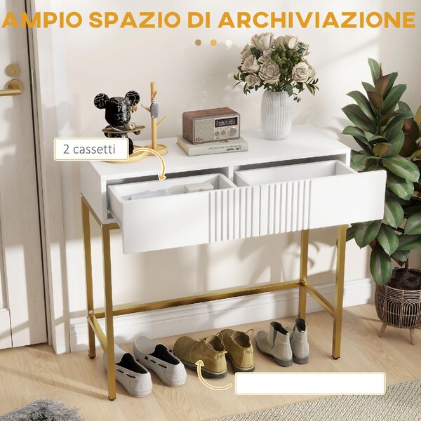 DecHome Consolle Ingresso Design Contemporaneo Luxury con 2 Cassetti e Gambe Dorate Dimensioni 80x31.5x75 cm colore Bianco