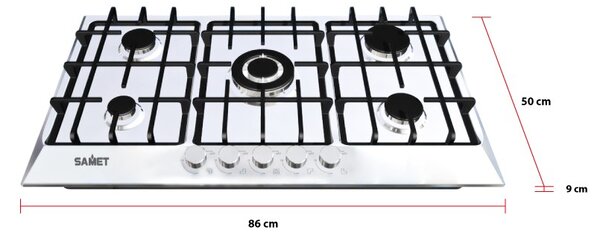 Samet Piano Cottura 5 Fuochi a Gas Larghezza 86 cm (1 Bruciatore Wok) in Acciaio Inox colore Inox - APOLLO90GHISA