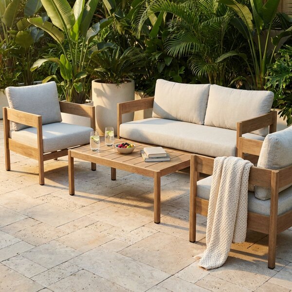 VivaGarden Salotto da Giardino con Divano 2 Posti 2 Poltrone e Tavolino con Cuscini in Alluminio colore Grigio chiaro/Marrone chiaro - Bridgetown