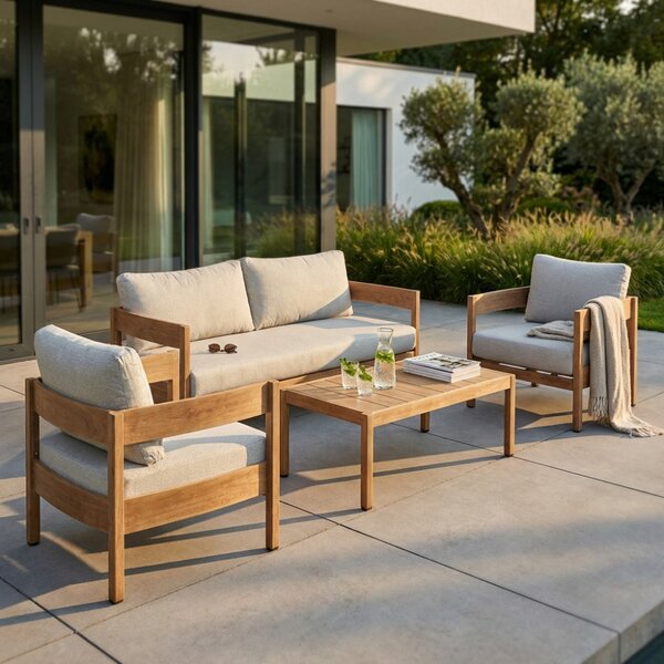 VivaGarden Salotto da Giardino con Divano 2 Posti 2 Poltrone e Tavolino con Cuscini in Alluminio colore Grigio chiaro/Marrone chiaro - Bridgetown